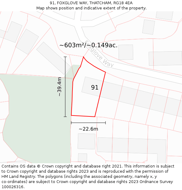 91, FOXGLOVE WAY, THATCHAM, RG18 4EA: Plot and title map