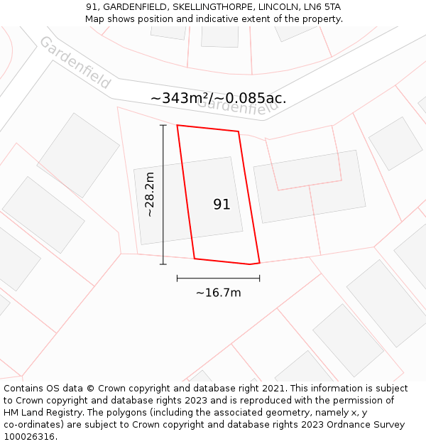 91, GARDENFIELD, SKELLINGTHORPE, LINCOLN, LN6 5TA: Plot and title map