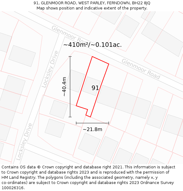 91, GLENMOOR ROAD, WEST PARLEY, FERNDOWN, BH22 8JQ: Plot and title map