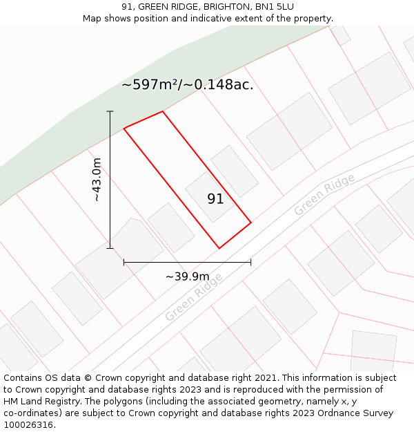 91, GREEN RIDGE, BRIGHTON, BN1 5LU: Plot and title map