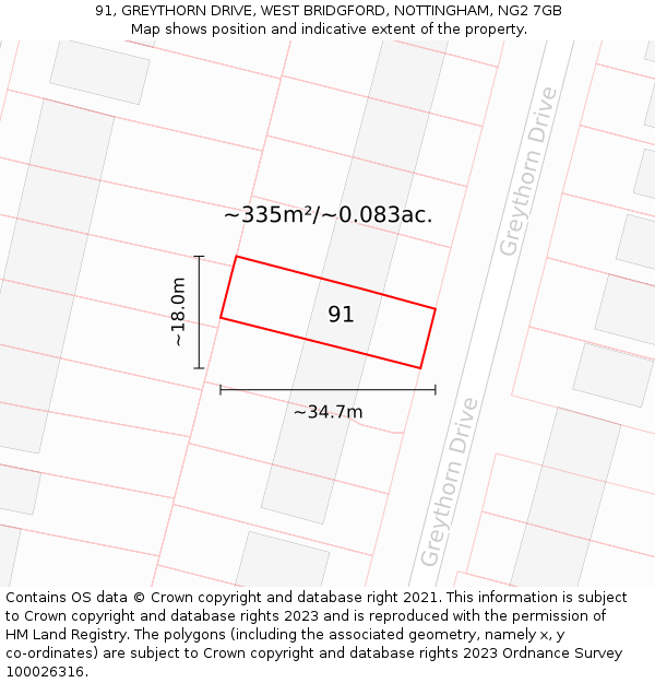 91, GREYTHORN DRIVE, WEST BRIDGFORD, NOTTINGHAM, NG2 7GB: Plot and title map