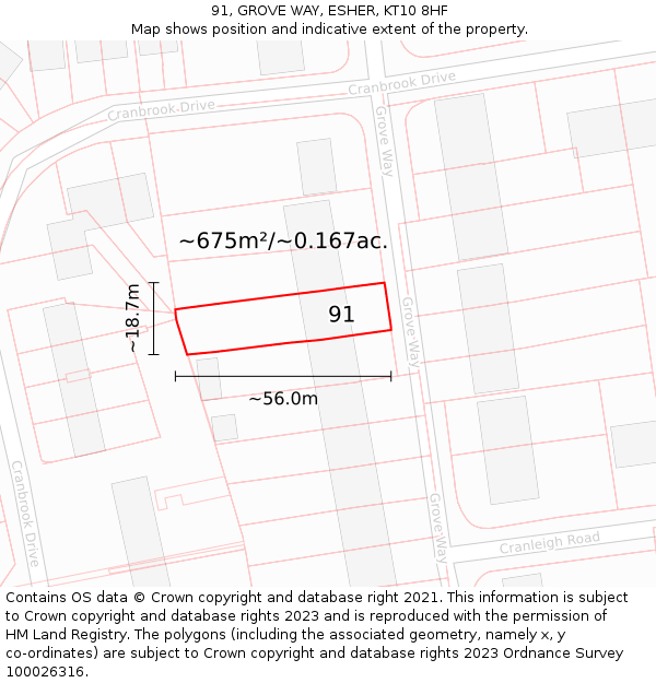 91, GROVE WAY, ESHER, KT10 8HF: Plot and title map