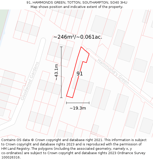 91, HAMMONDS GREEN, TOTTON, SOUTHAMPTON, SO40 3HU: Plot and title map