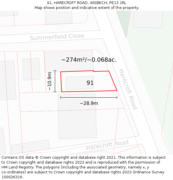 91, HARECROFT ROAD, WISBECH, PE13 1RL: Plot and title map