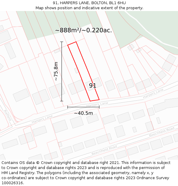 91, HARPERS LANE, BOLTON, BL1 6HU: Plot and title map