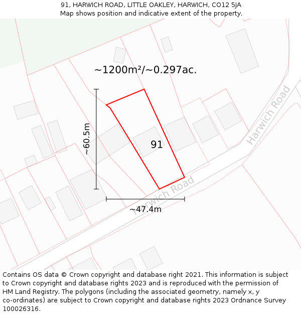 91, HARWICH ROAD, LITTLE OAKLEY, HARWICH, CO12 5JA: Plot and title map