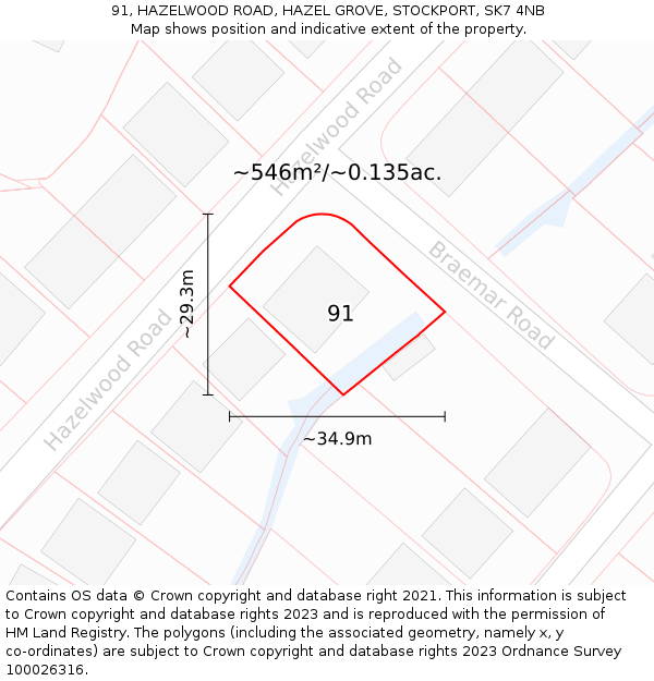91, HAZELWOOD ROAD, HAZEL GROVE, STOCKPORT, SK7 4NB: Plot and title map