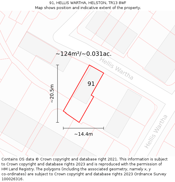 91, HELLIS WARTHA, HELSTON, TR13 8WF: Plot and title map