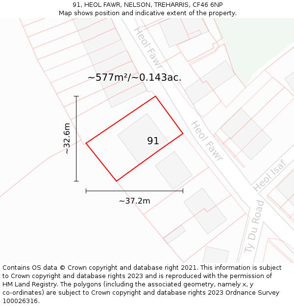 91, HEOL FAWR, NELSON, TREHARRIS, CF46 6NP: Plot and title map