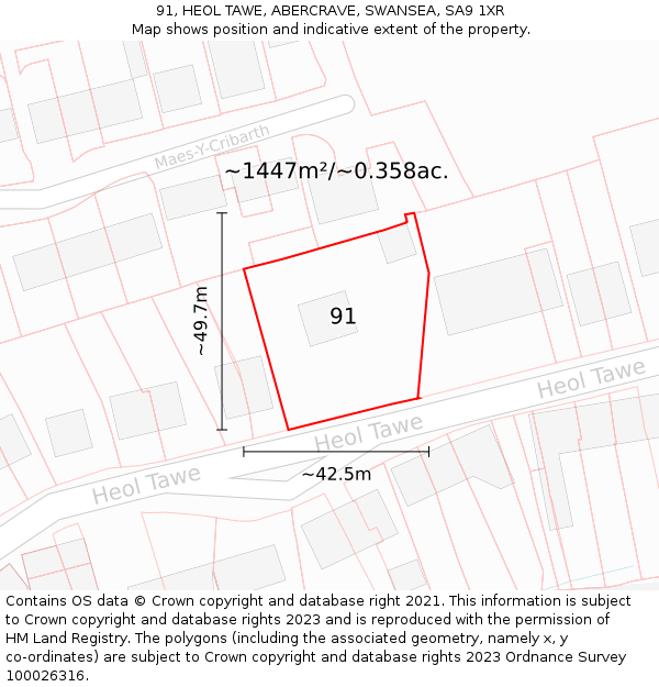 91, HEOL TAWE, ABERCRAVE, SWANSEA, SA9 1XR: Plot and title map