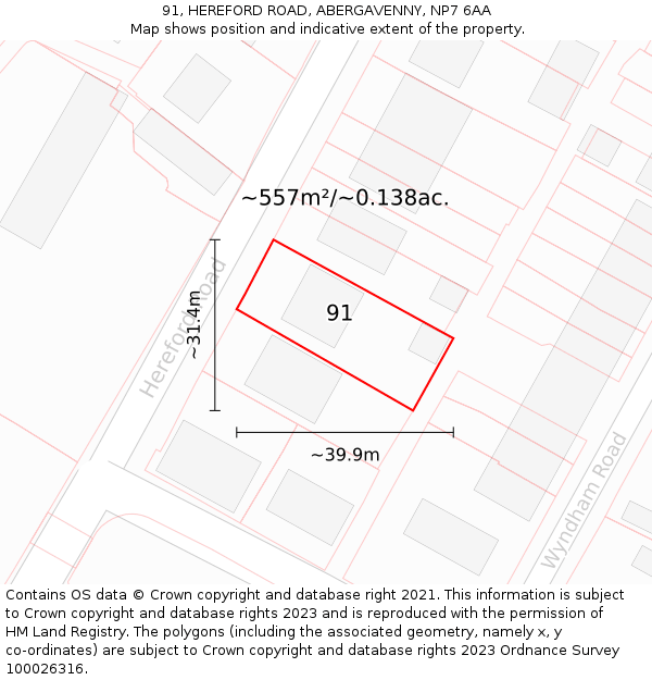 91, HEREFORD ROAD, ABERGAVENNY, NP7 6AA: Plot and title map