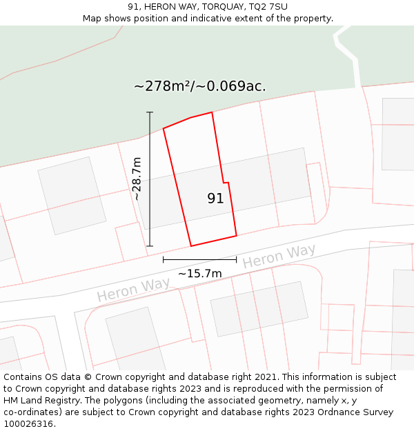 91, HERON WAY, TORQUAY, TQ2 7SU: Plot and title map