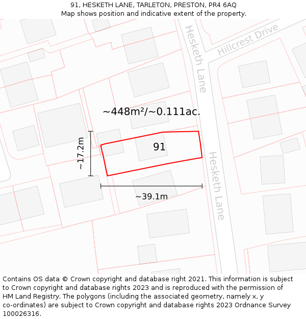 91, HESKETH LANE, TARLETON, PRESTON, PR4 6AQ: Plot and title map