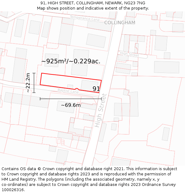 91, HIGH STREET, COLLINGHAM, NEWARK, NG23 7NG: Plot and title map