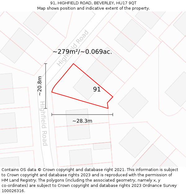 91, HIGHFIELD ROAD, BEVERLEY, HU17 9QT: Plot and title map