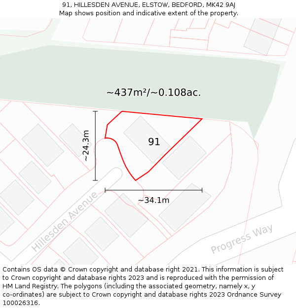 91, HILLESDEN AVENUE, ELSTOW, BEDFORD, MK42 9AJ: Plot and title map