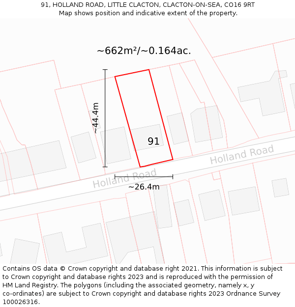 91, HOLLAND ROAD, LITTLE CLACTON, CLACTON-ON-SEA, CO16 9RT: Plot and title map