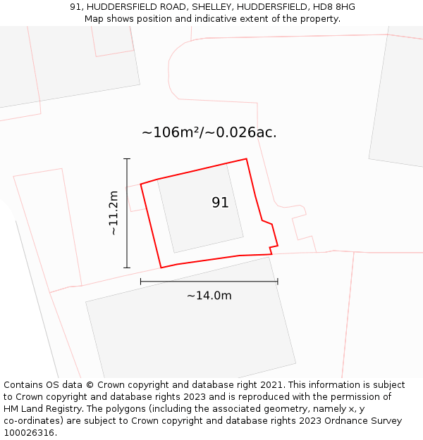 91, HUDDERSFIELD ROAD, SHELLEY, HUDDERSFIELD, HD8 8HG: Plot and title map