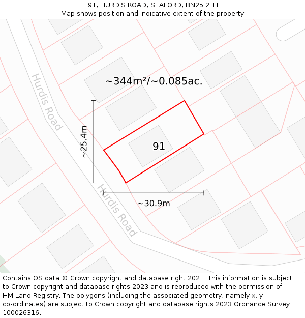 91, HURDIS ROAD, SEAFORD, BN25 2TH: Plot and title map