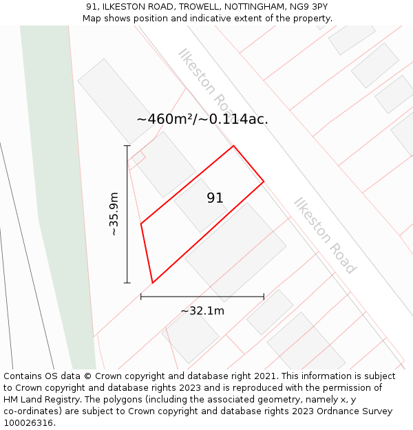 91, ILKESTON ROAD, TROWELL, NOTTINGHAM, NG9 3PY: Plot and title map