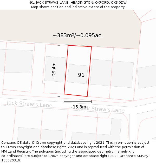 91, JACK STRAWS LANE, HEADINGTON, OXFORD, OX3 0DW: Plot and title map