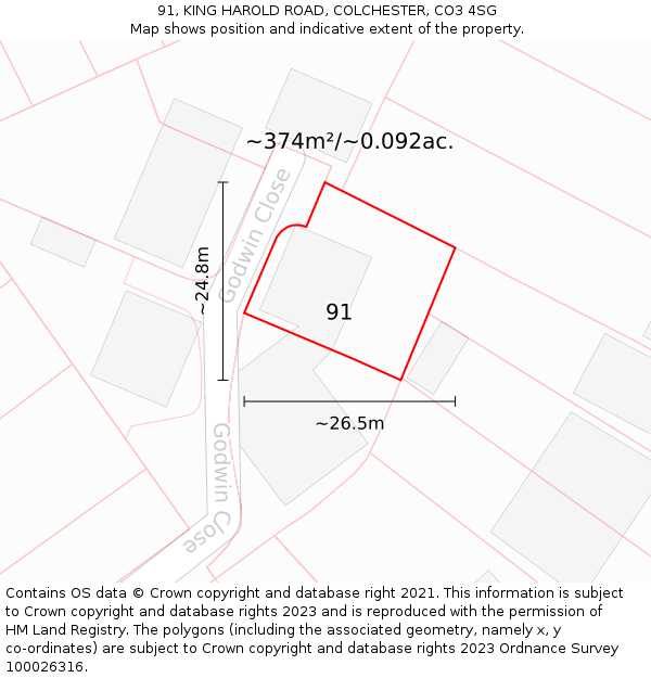 91, KING HAROLD ROAD, COLCHESTER, CO3 4SG: Plot and title map