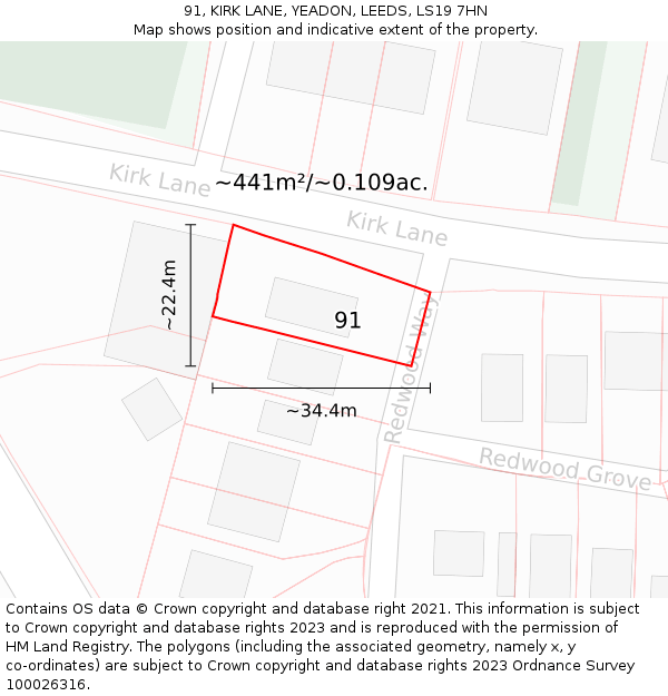 91, KIRK LANE, YEADON, LEEDS, LS19 7HN: Plot and title map