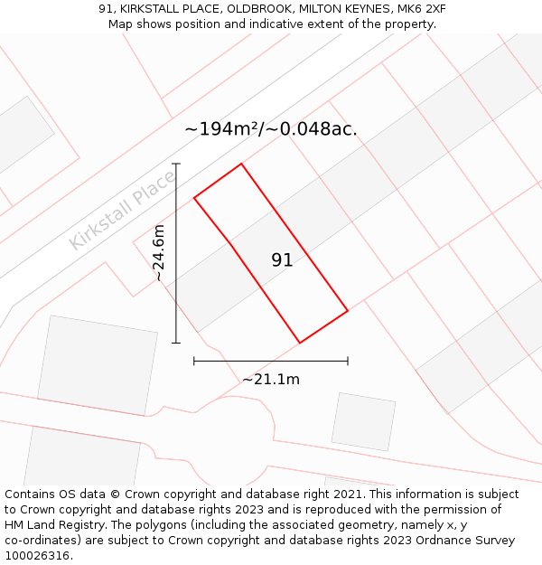 91, KIRKSTALL PLACE, OLDBROOK, MILTON KEYNES, MK6 2XF: Plot and title map