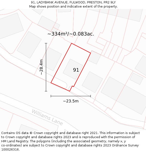 91, LADYBANK AVENUE, FULWOOD, PRESTON, PR2 9LY: Plot and title map