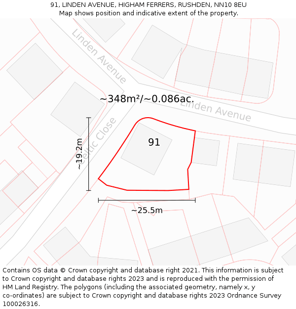 91, LINDEN AVENUE, HIGHAM FERRERS, RUSHDEN, NN10 8EU: Plot and title map