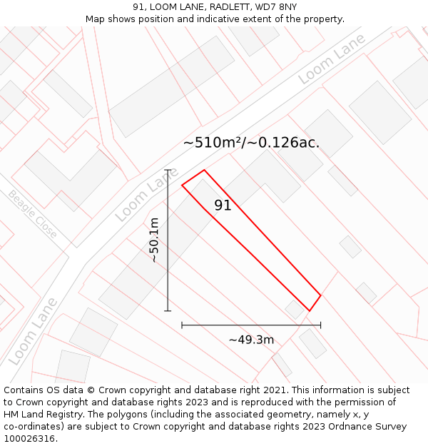 91, LOOM LANE, RADLETT, WD7 8NY: Plot and title map