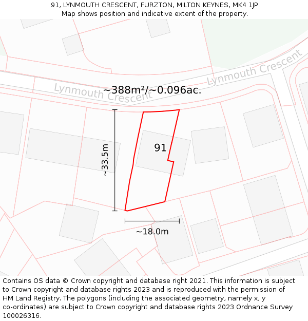 91, LYNMOUTH CRESCENT, FURZTON, MILTON KEYNES, MK4 1JP: Plot and title map