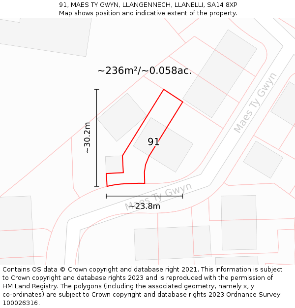 91, MAES TY GWYN, LLANGENNECH, LLANELLI, SA14 8XP: Plot and title map