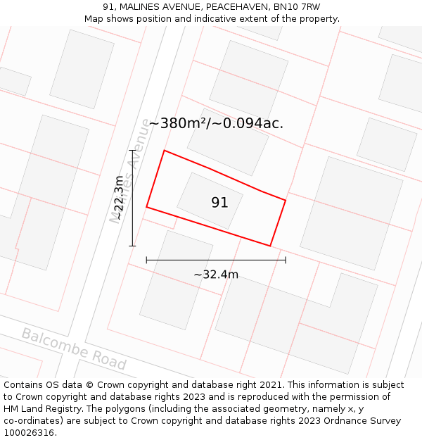 91, MALINES AVENUE, PEACEHAVEN, BN10 7RW: Plot and title map