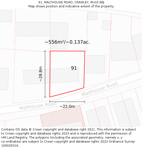 91, MALTHOUSE ROAD, CRAWLEY, RH10 6BJ: Plot and title map