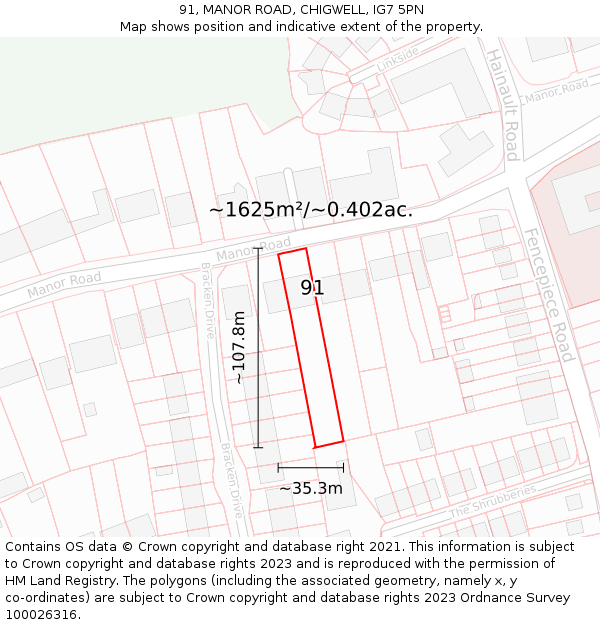 91, MANOR ROAD, CHIGWELL, IG7 5PN: Plot and title map