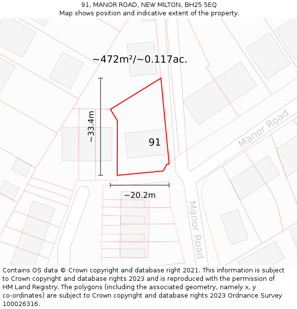 91, MANOR ROAD, NEW MILTON, BH25 5EQ: Plot and title map