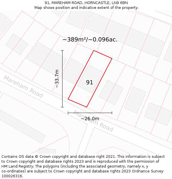91, MAREHAM ROAD, HORNCASTLE, LN9 6BN: Plot and title map