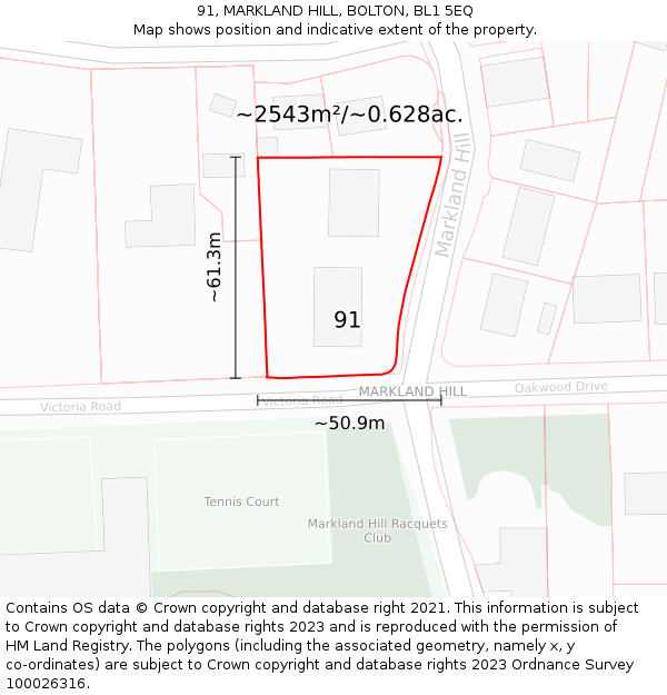 91, MARKLAND HILL, BOLTON, BL1 5EQ: Plot and title map