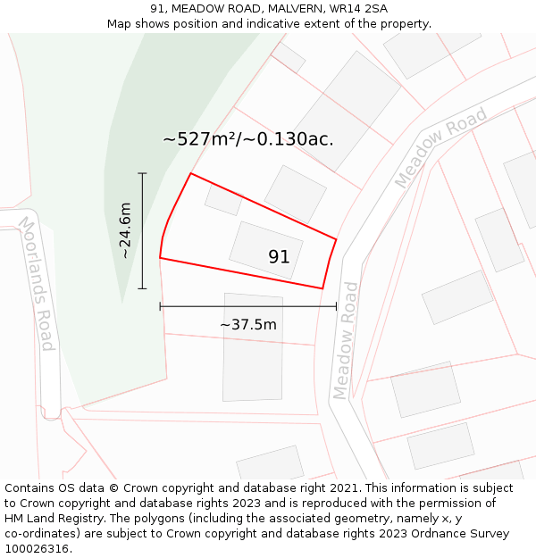 91, MEADOW ROAD, MALVERN, WR14 2SA: Plot and title map