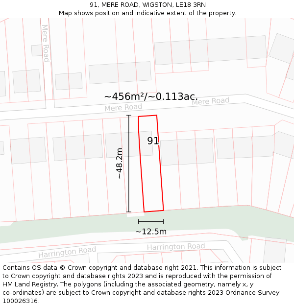 91, MERE ROAD, WIGSTON, LE18 3RN: Plot and title map