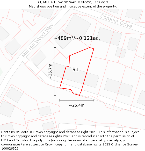 91, MILL HILL WOOD WAY, IBSTOCK, LE67 6QD: Plot and title map