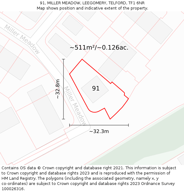 91, MILLER MEADOW, LEEGOMERY, TELFORD, TF1 6NR: Plot and title map