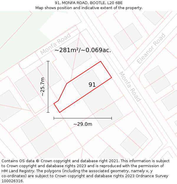 91, MONFA ROAD, BOOTLE, L20 6BE: Plot and title map