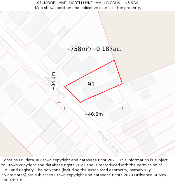 91, MOOR LANE, NORTH HYKEHAM, LINCOLN, LN6 9AA: Plot and title map