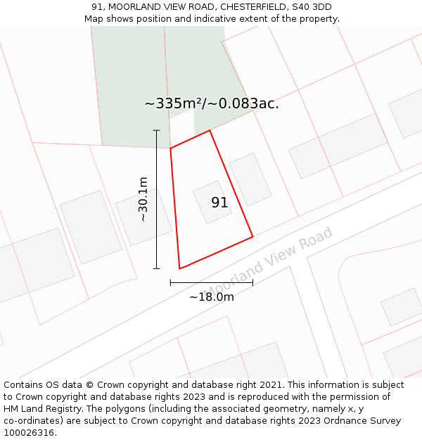 91, MOORLAND VIEW ROAD, CHESTERFIELD, S40 3DD: Plot and title map