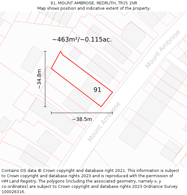 91, MOUNT AMBROSE, REDRUTH, TR15 1NR: Plot and title map