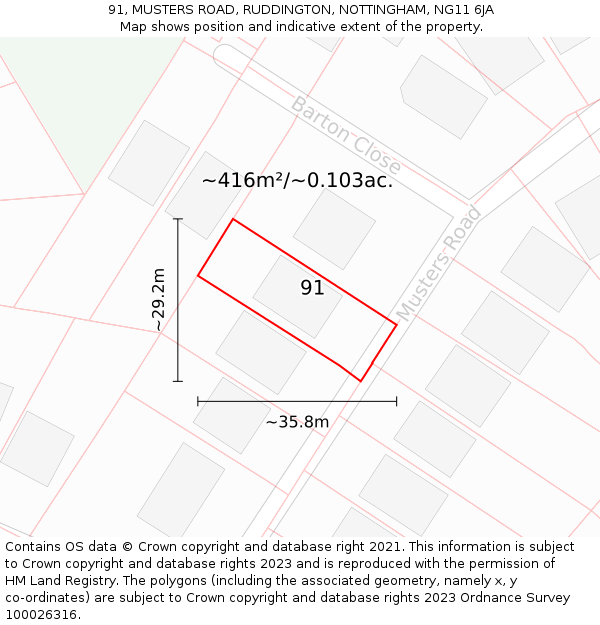 91, MUSTERS ROAD, RUDDINGTON, NOTTINGHAM, NG11 6JA: Plot and title map