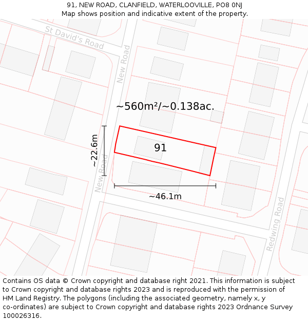 91, NEW ROAD, CLANFIELD, WATERLOOVILLE, PO8 0NJ: Plot and title map