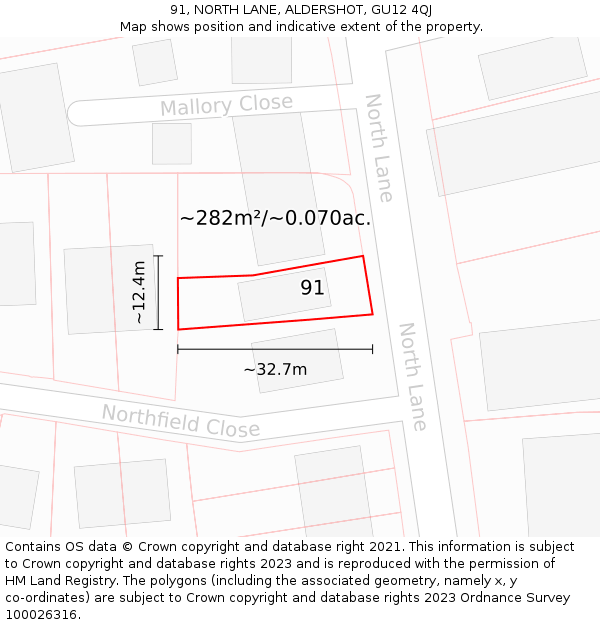 91, NORTH LANE, ALDERSHOT, GU12 4QJ: Plot and title map